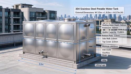 trường hợp công ty mới nhất về 15,000L 304 Stainless Steel Potable Water Tank for Commercial Apartment Rooftop Water Supply