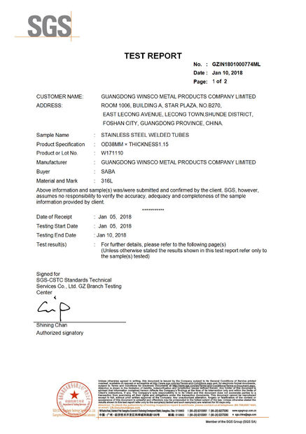 Trung Quốc (GuangDong)Foshan Winsco Metal Products Co., Ltd. Chứng chỉ