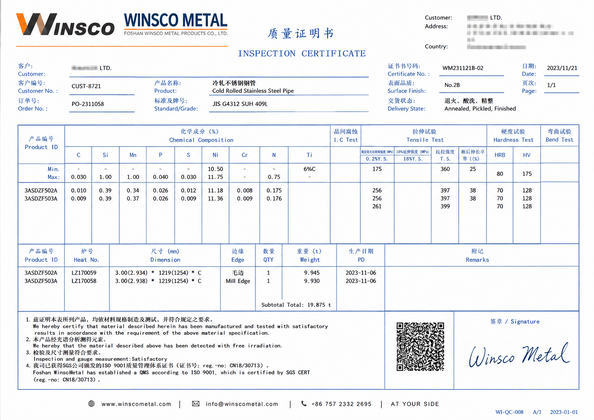 Trung Quốc (GuangDong)Foshan Winsco Metal Products Co., Ltd. Chứng chỉ