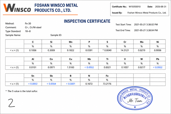 Trung Quốc (GuangDong)Foshan Winsco Metal Products Co., Ltd. Chứng chỉ